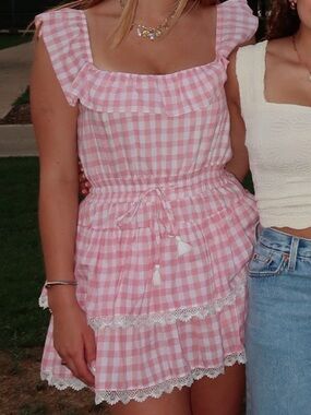 Pink Gingham Summer Dress with Lace Trim